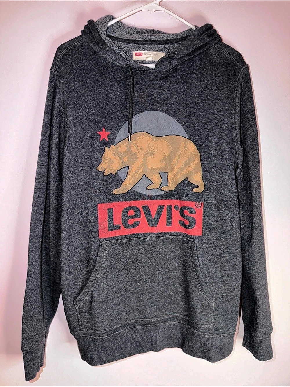 Levi's California Bear Fleece Pullover Hoodie Gray & Red Medium